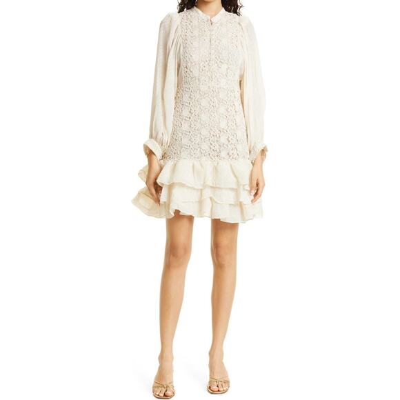 ByTimo Lace Jacquard Vintage Cream Long Sleeve Ruffled Mini Dress Size Small - Picture 1 of 16